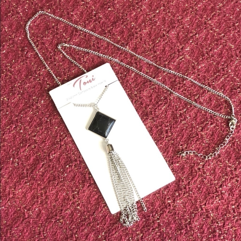 Nwt - Toni - Black Howlite Pendant 28” Long Silver Necklace 3.5” Chain Tassel
